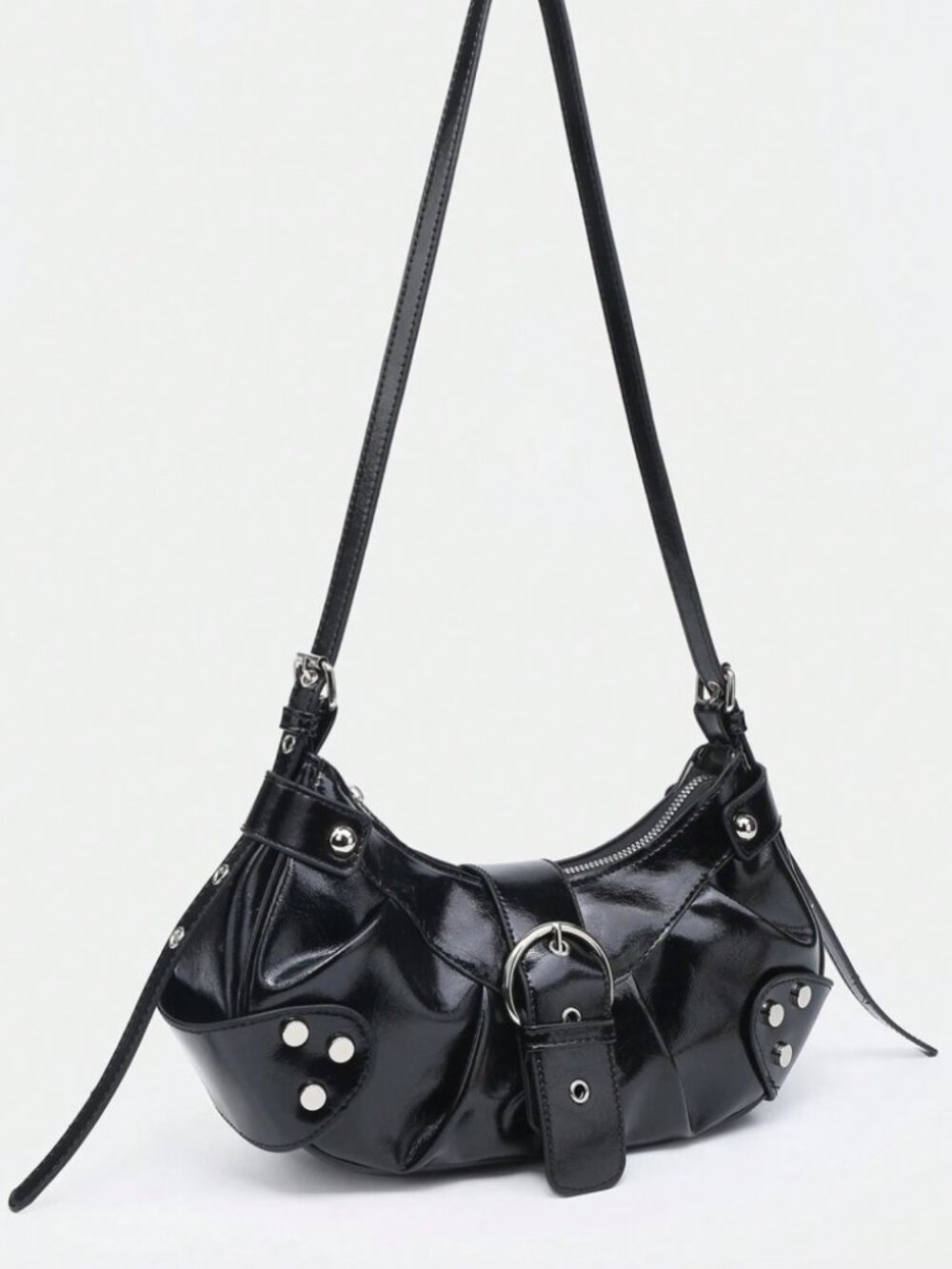 Black Studded Y2K Baguette Bag Vegan Leather Zip Top Handle Purse